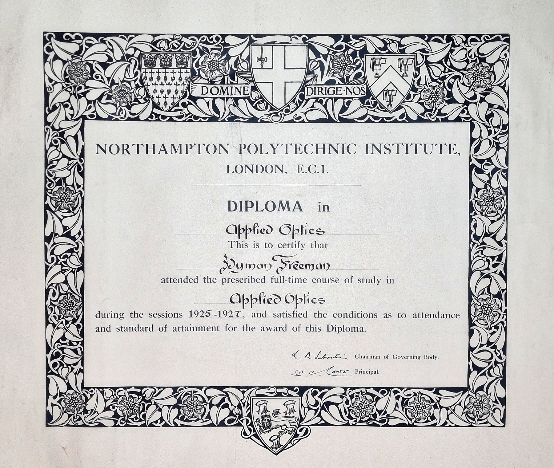 Diploma Certificate (Hyman Freeman) 1925-27